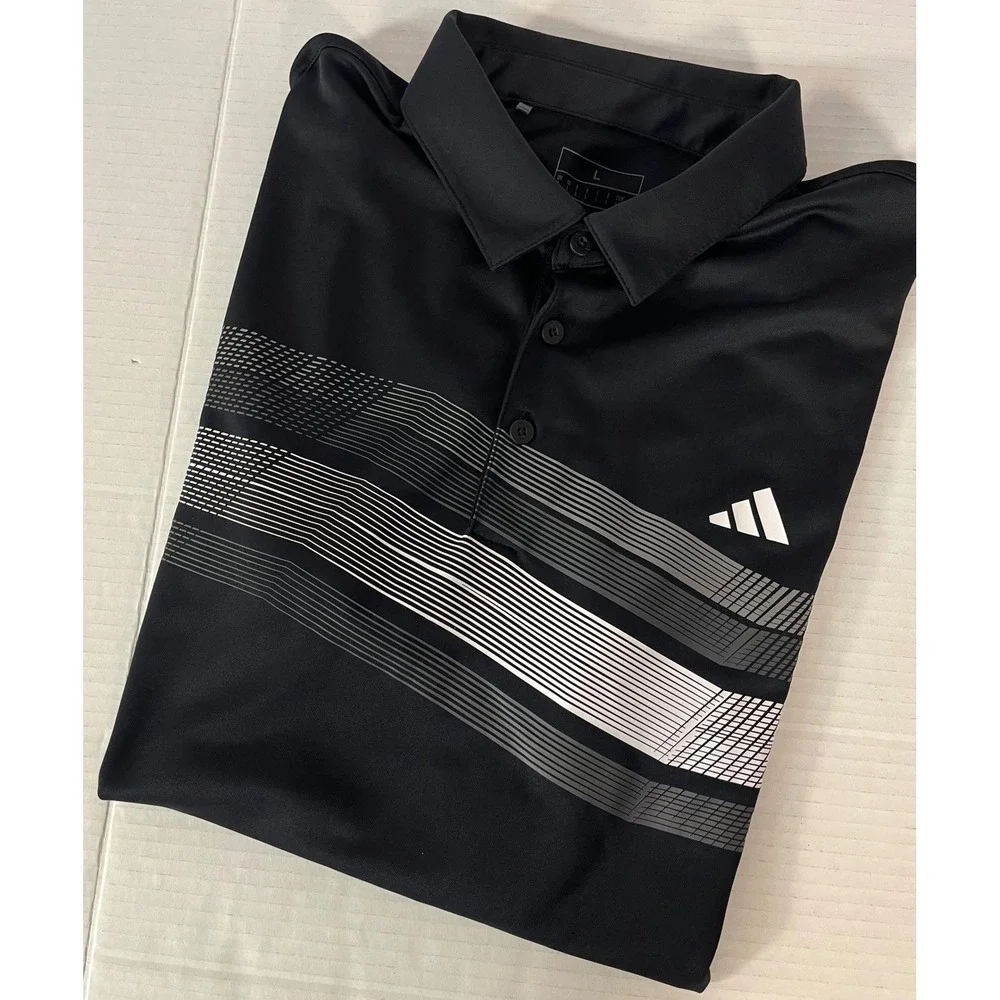 Adidas Polo Shirt Mens Large Black Graphic Stripe Short Sleeve‎ Golf